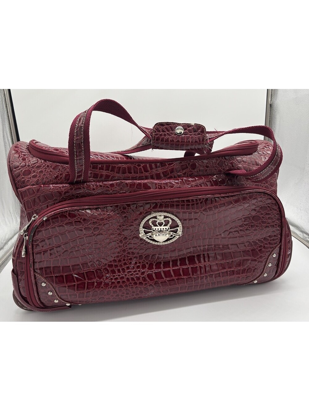 Kathy Van Zeeland Croc Embossed Burgundy/Red Travel Bag | Handle | Wheels